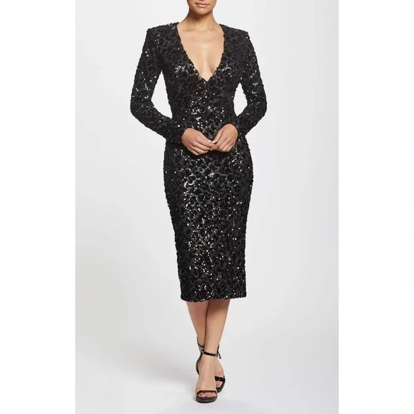 Dress The Population Elizabeth Plunge Midi Dress Black Xs at Nordstrom Rack - Womens Cocktail & Part